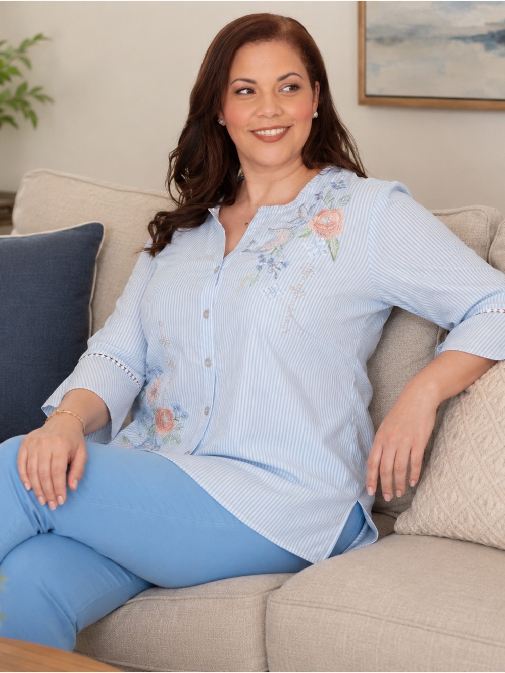 Alfred Dunner Light Blue Striped cotton Button-Front Top with Floral Embroidery